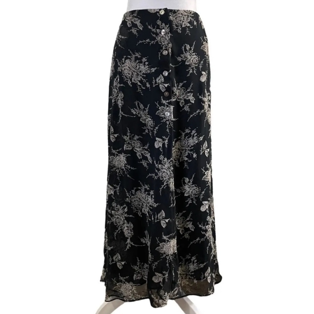 Biya Rated R Johnny Was Vintage 90s Black Floral Silk Button Front Maxi Skirt